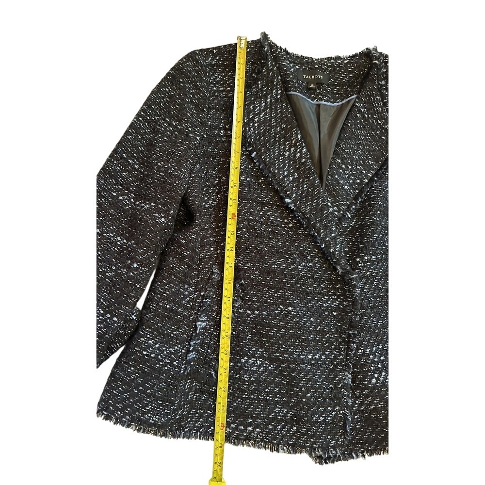 Talbots Women's Tweed Jacket Blazer Size10 Fringe Trim Black/Blue, Some Metallic - Picture 1 of 8